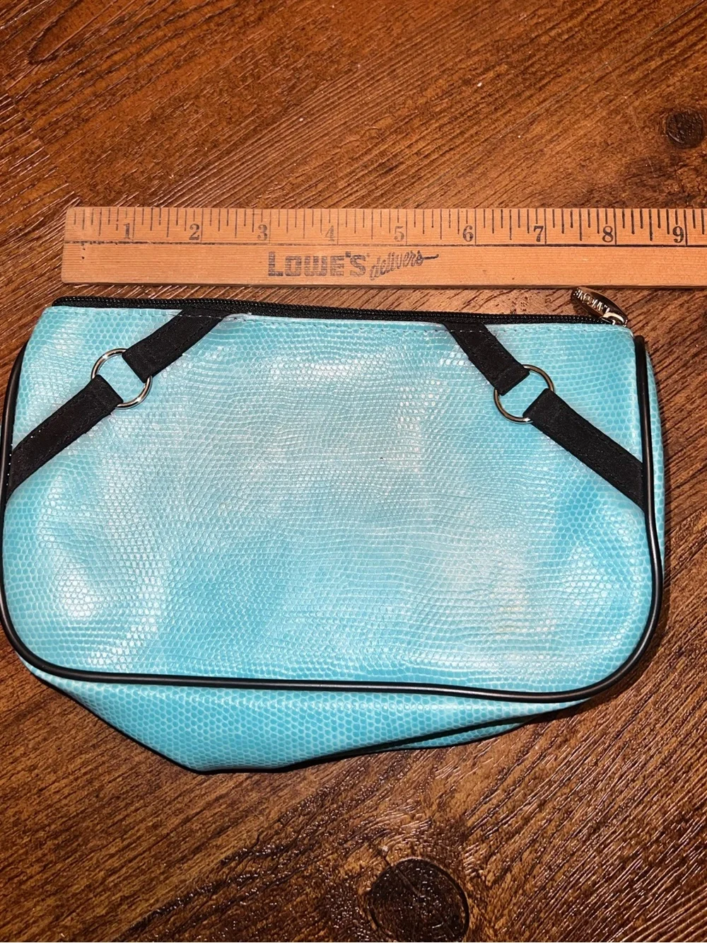 Lancome Turquoise Faux Snake Skin Makeup Cosmetic Bag Pouch Black Trim Y2K